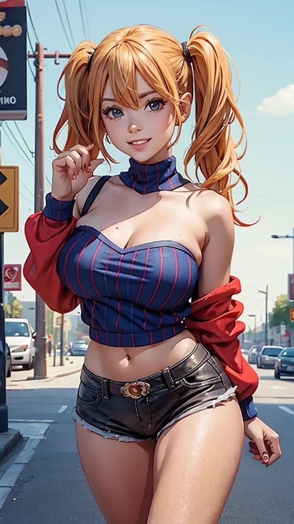 (Highest quality:1.3), Harley Quinn Blonde twin tails, Big Breasts, Cleavage, Side Tail,Off-the-shoulder sweater, black Shorts, Thighs, (throw, Close-up shot), smile, Street background, Huge breasts, erected nipples, cameltoe, gradient red and blue hair color,