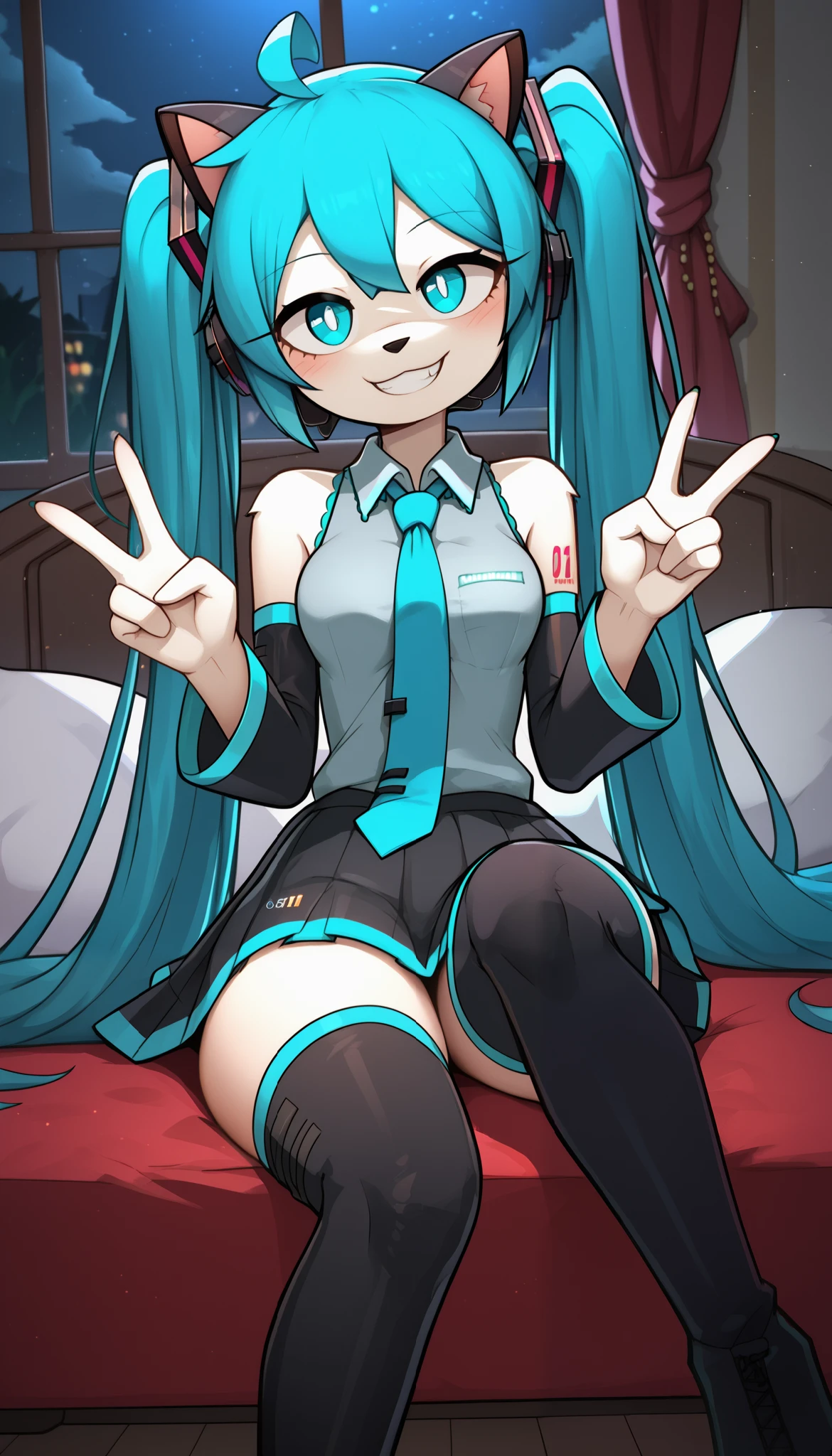 Cute expression, cute grin, cute eyes, 1girl, anthro, furry, white fur, fluffy fur, cat girl, blue eyes, (19-year-old), cat ears, medium breast, thick thighs, solo, (bedroom), (night), detailed, black stockings, (jizoku), miku hatsune, ahoge, aqua eyes, aqua hair, crossed bangs, hair between eyes, hair ornament, headphones, long hair, twintails, aqua necktie, black footwear, black skirt, black sleeves, boots, collared shirt, detached sleeves, grey shirt, necktie, pleated skirt, shirt, skirt, sleeveless, sleeveless shirt, thigh boots, tie clip, peace sign on both hands, score_9, score_8_up, score_7_up, score_6_up, score_5_up, score_4_up