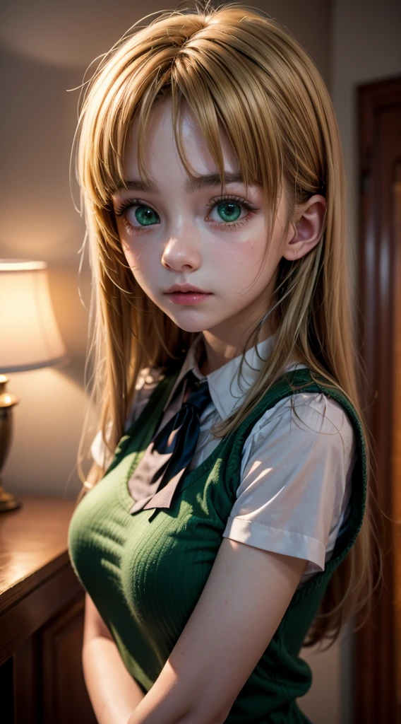 asia argento, long hair, blonde hair, (green eyes:1.3), (parted bangs:1.5), ahoge,
16k, highres, masterpiece, best quality, realistic, cinematic photo a very short girl, solo, (looking at viewer:1.2), high definition, 8K, detailed face, grabbing her breast, showing her breast,long hair, blonde hair, (green eyes:1.3), school uniform, white shirt, black vest, red ribbon tie, pleated red skirt, indoors, warm lighting, calm expression, neat and tidy appearance, ahoge, soft shadows.






