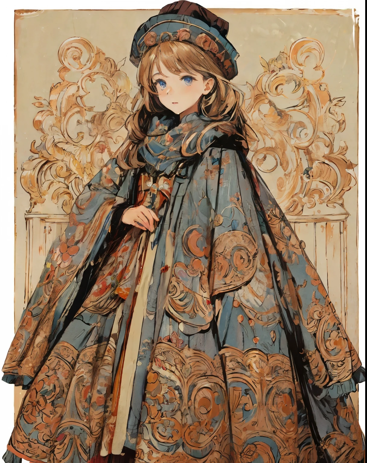 Painting of a woman in a blue dress and hat with a brown scarf - SeaArt AI