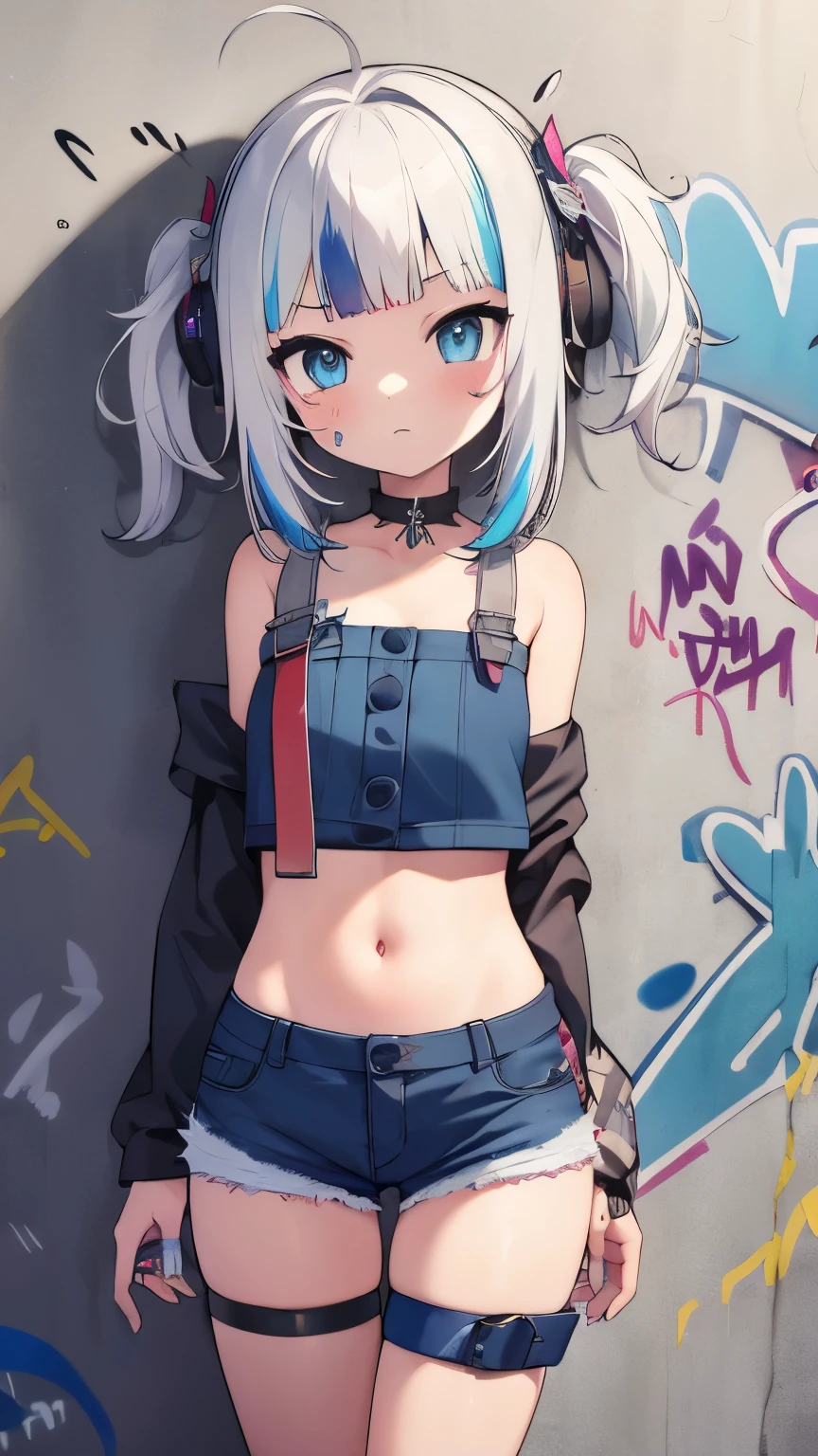 masterpiece, best quality, skinny nymph 1girl, solo, crop top, denim shorts, choker, (graffiti:1.5), paint splatter, arms behind back, against wall, looking at viewer, armband, thigh strap, paint on body, head tilt, bored, multicolored hair, aqua eyes, headset,