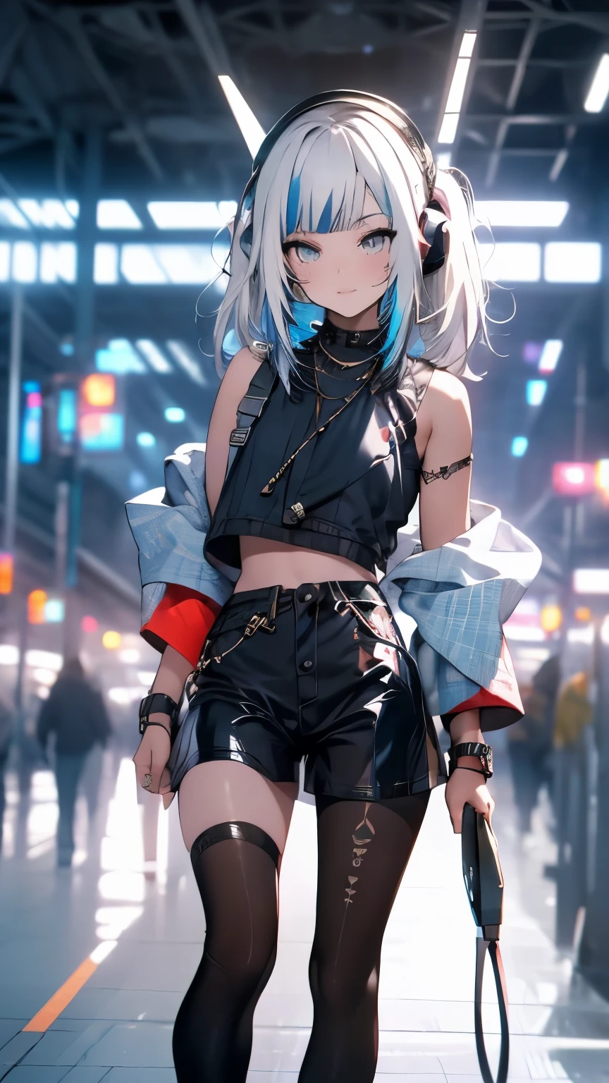 beautiful, slender Gawr Gura skinny hips, slender legs, skinny hips, small breasts, dressed in hip-hop style, against a black and white wall, graffiti style, maximalism style, wildstyle style, A masterpiece, high quality, 4k resolution. Смотрит на зрителя, Короткие волосы, Ковбойская съемка, short top, shorts, sneakers, headphones, baseball cap, hookah, music speaker