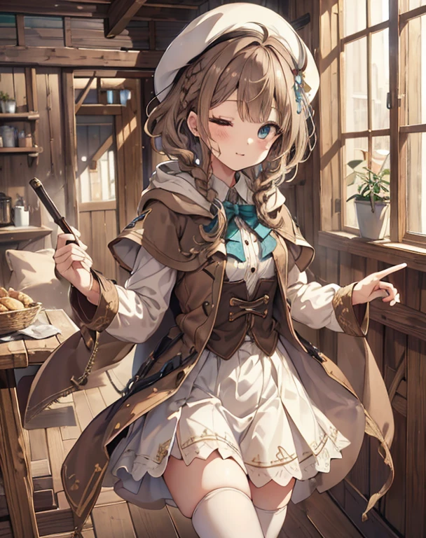 masterpiece, 1girl, sparrow, a brown haired girl, wearing a white medieval priestess clothes, curly medium hair, messy hair, slim body, wearing golden capelet with hoody, he close her left eye, shirt ornament, aqua eyes, sho show her back, ahoge, black vest, baby face, medium breast, beautiful breasts, rounded breasts, braid hair, white nurse cap, long sleeves, beautiful eyes, white stocking, droopy eyes, miniskirt, brown skirt, plaid skirt, she is piss on the bed, she expose her pantsu, her age is 15 years old