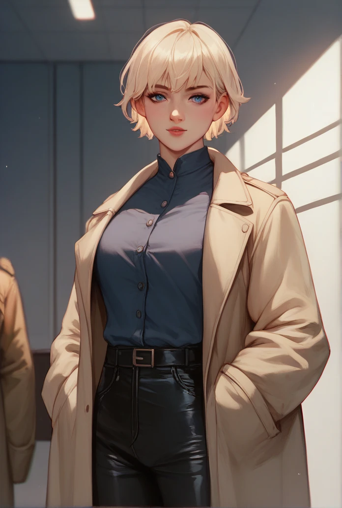 1 girl, High definition, leather vest, shirt, military pants, trenchcoat, meeting room,