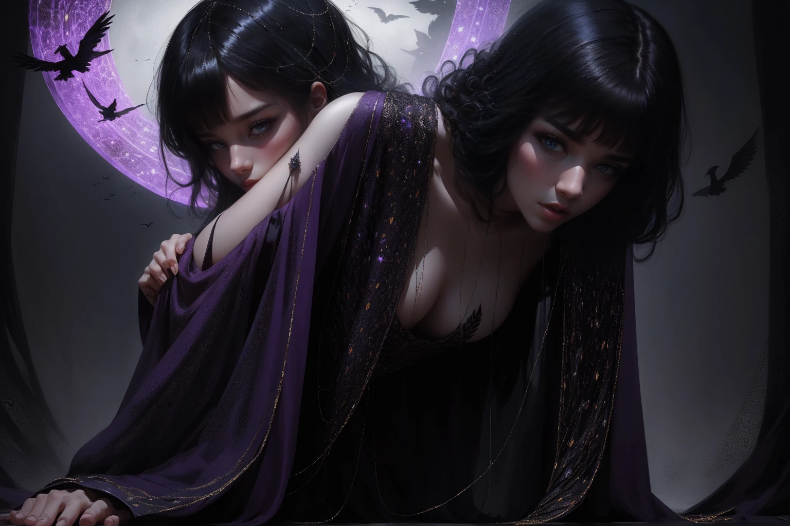 {-erro_de_anatomia:1.0} she has short hair, flowing raven-black hair, (bangs), (waves) and pale, almost ethereal skin. Her eyes are a deep violet, giving her an otherworldly appearance. She dresses in flowing robes of dark purple and black, often adorned with symbols of the occultism, sexy, intigant, crows flying, crawling on the floor