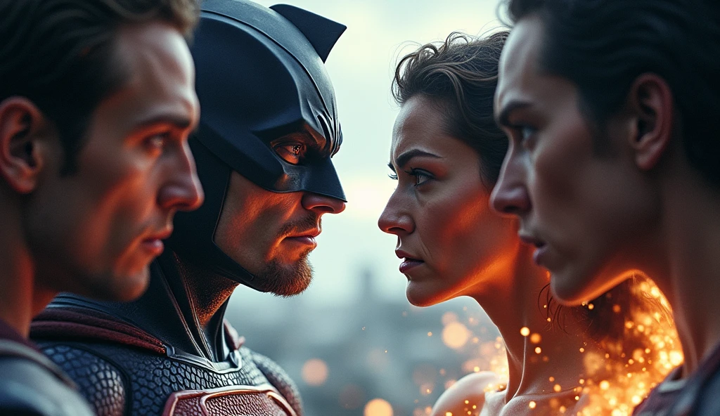 "Create an ultra-high-quality, realistic close-up scene of Wolverine overpowering Wonder Woman in a dark, intense battle. Wolverine, in his classic yellow and blue suit, is shown with his claws extended, slashing towards Wonder Woman, who is in her iconic armor with a look of determination and struggle. The environment is a war-torn battlefield with smoke and debris. Focus on the realism of the characters' expressions, muscle definition, and the dramatic lighting, with shadows casting on their faces, highlighting the intensity of the fight. Emphasize the details in Wolverine's claws and Wonder Woman's armor, making the scene dynamic and powerful."