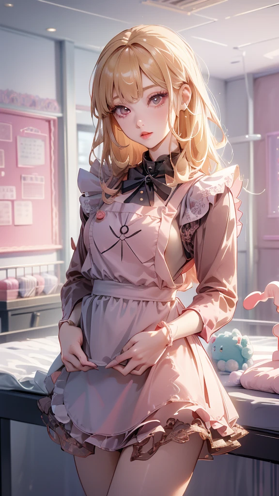 kitagawa marin, (red eyes), (Blonde hair), 
(((nursery school:1.3))), (((lots of toys))), (colorful room), 
(nsfw), close up, 
beautiful, cute, (((female nursery teacher:1.2))), 
(((Cute apron:1.3, lace, frills))), ((long sleeve T-shirt)), 
cinematic lighting, 
shiny pink cheeks, glossy pink lips, pink eyeshadow, Dark eyeliner, Dark mascara, 
Blurred Background, Fantastic, Epic Scale, 
(best quality), (high quality), (masterpiece), (4k, 8k, raw photo), (Highly Detailed Face and Skin Texture), 
(Very elegant and beautiful, Perfect detail, Super detailed), Beautifully detailed whole body, Depth of written boundary, 
