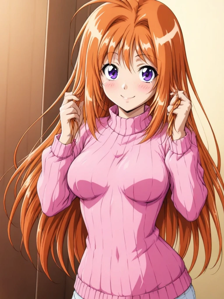 masterpiece, best quality, SaekiRuruna, 1girl, solo, long hair, orange hair, purple eyes, medium breasts, antenna hair, smile, blush,wearing a stylish sweater is fixing her hair and smiling while telling a funny story