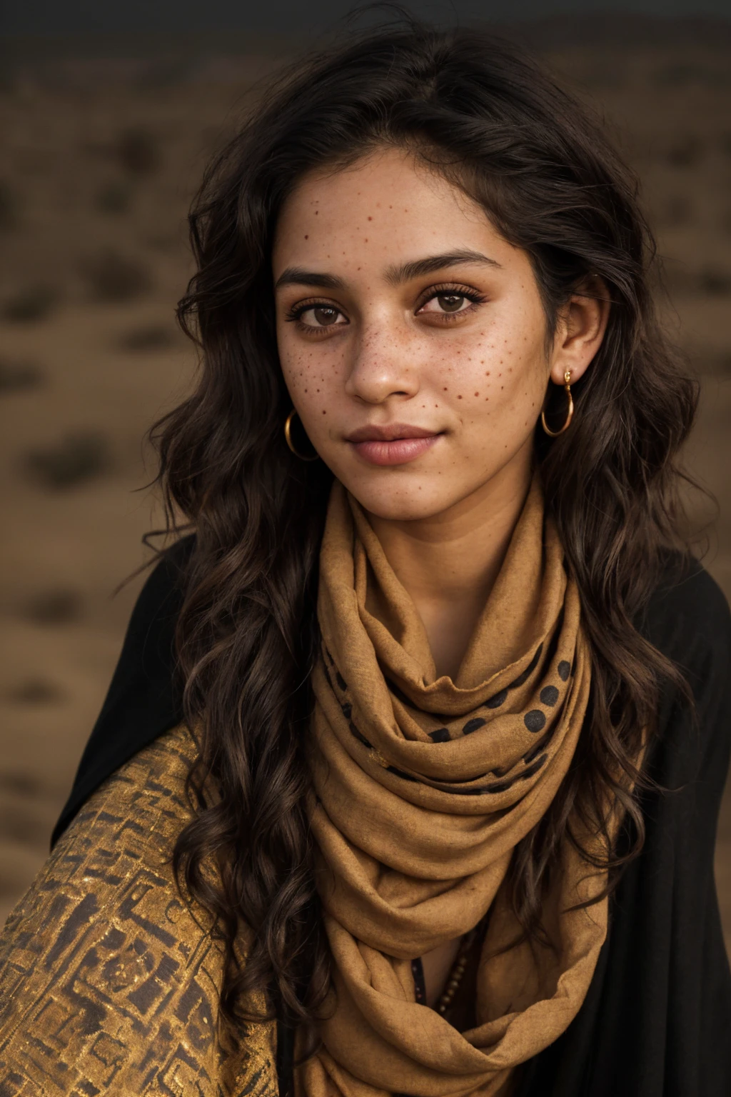 (Close-up, editorial photograph of a twenty one years old woman), (highly detailed face:1.4) (smile:0.7) (background inside dark, moody, private study:1.3) POV, by lee jeffries, nikon d850, film stock photograph ,4 kodak portra 400 ,camera f1.6 lens ,rich colors, hyper realistic ,lifelike texture, dramatic lighting , cinestill 800, wavy hair, messy hair, Mischievous smirk, Black hair, freckles, Brown Eyes, Arabic Cloak, Black Scarf, Astral Plane, Black Round Sunglasses, Sun, Sand, Desert, Arabian expressions, Egyptian woman, Arabian skin, Golden Aura, shadow queen