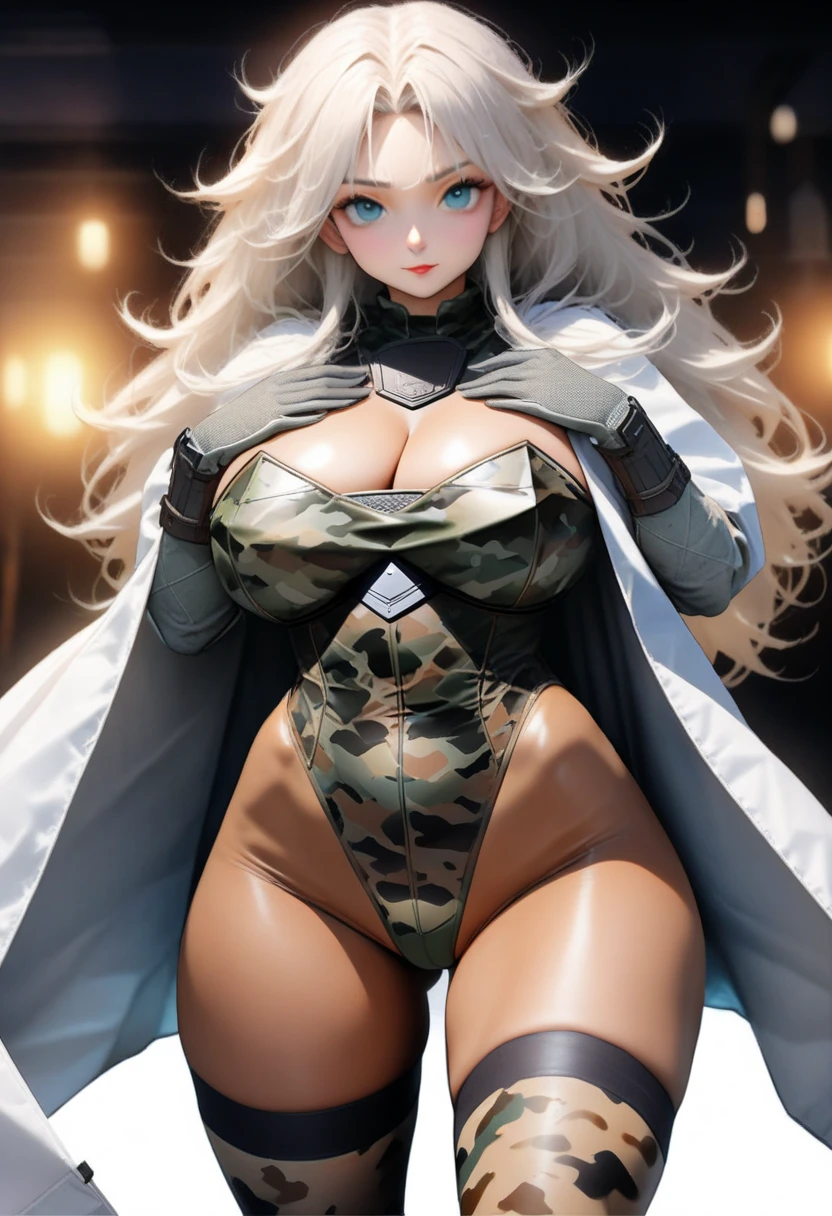 ((masterpiece)),((highest quality)),((8k)),unrealistic,((Ultra-detailed anime style)),((Azur Lane style)),cowboy shot,(solo),1girl,A beautiful face with perfect makeup,thicc body,((camouflage pattern armored dress:1.3)),((camouflage pattern high leg leotard:1.5)),Camouflage Knight Cape,Camouflage military long coat,(skindantation tightening zettai ryouiki thigh-high socks),breastplate,gauntlet,bracers,elbow pads,((Camouflage pattern pantyhose)),((white long messy hair:1.2)),Long flowing asymmetric parted bangs,large long saggy breasts,leather long elbow gloves,cleavage,(cameltoe:0.8),beautiful aqua eyes,perfectly accurate hand,perfect fingers,long glove,Strike a Pose,castle town at night,beautiful lighting