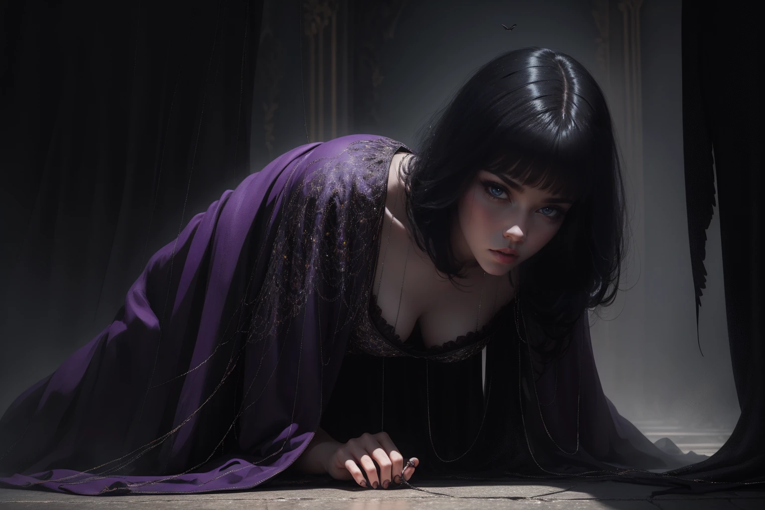 {-erro_de_anatomia:1.0} she has short hair, flowing raven-black hair, (bangs), (waves) and pale, almost ethereal skin. Her eyes are a deep violet, giving her an otherworldly appearance. She dresses in flowing robes of dark purple and black, often adorned with symbols of the occultism, sexy, intigant, crows flying, crawling on the floor