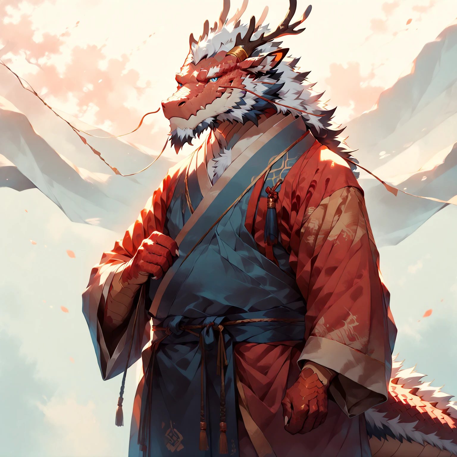 # Main Character: (Eastern Dragon Furry:1.8), muscular mature male, masterpiece, (full body portrait:1.4)

Dragon Features: (red scales:1.6), white belly scales, blue eyes, antlers, gray mane

Clothing: (simple traditional Eastern robes:1.2), (minimal clothing layers:1.3), clean fabric folds

Background: (solid color background:1.5), simple environment, (soft lighting:1.2), (warm color tones:1.3)