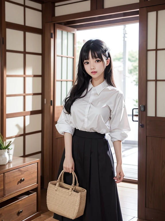 masterpiece , highest quality , very detailed , 1 person, ((contrasting eyes)) , Are standing , blouse, skirt , bangs , room , indoor