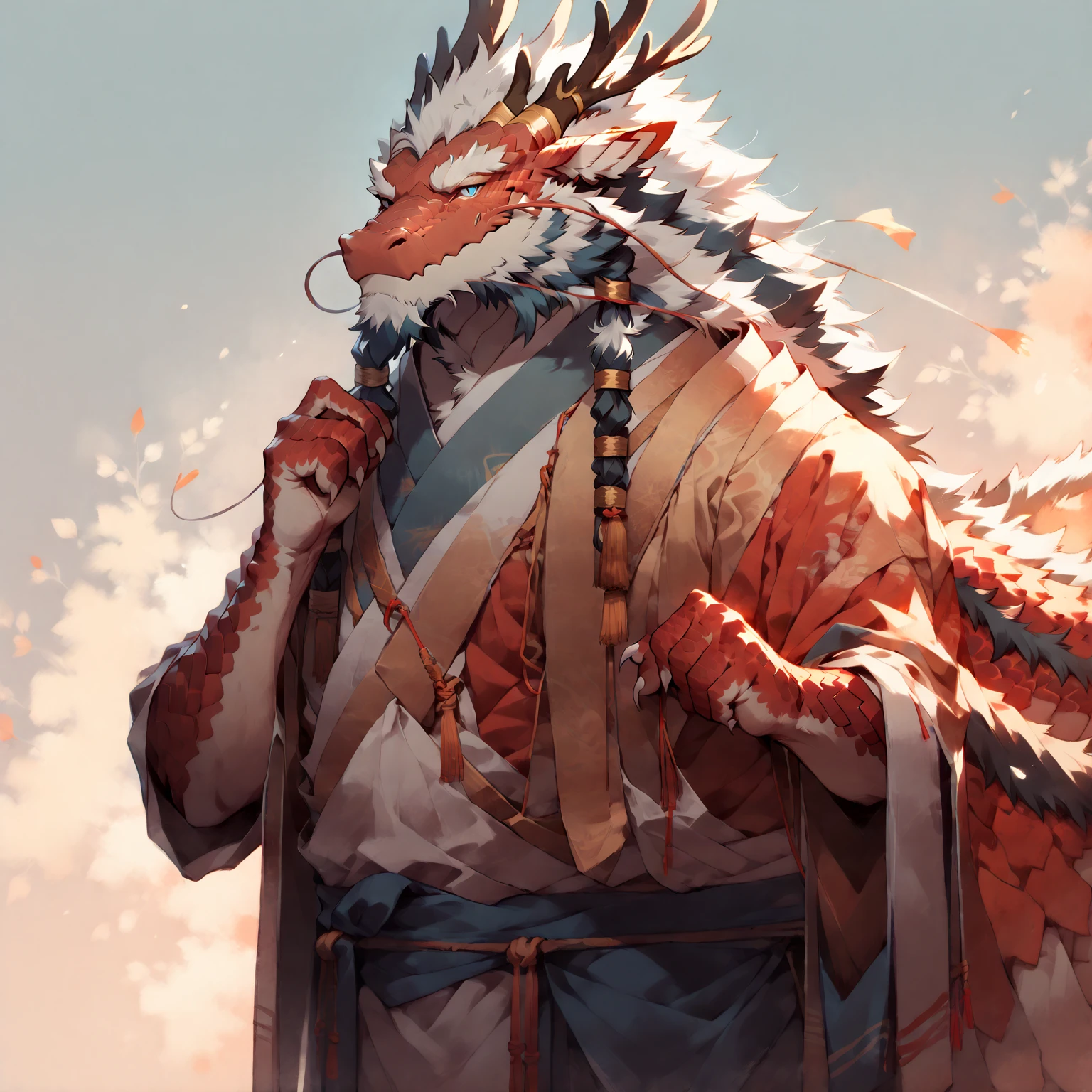 # Main Character: (Eastern Dragon Furry:1.8), muscular mature male, masterpiece, (full body portrait:1.4)

Dragon Features: (red scales:1.6), white belly scales, blue eyes, antlers, gray mane

Clothing: (simple traditional Eastern robes:1.2), (minimal clothing layers:1.3), clean fabric folds

Background: (solid color background:1.5), simple environment, (soft lighting:1.2), (warm color tones:1.3)