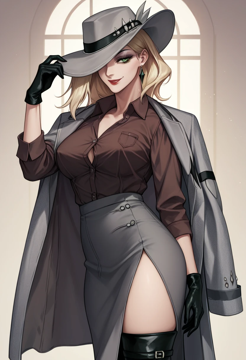  1girl, wallking, brown shirt, collared shirt, grey coat, coat on shoulder, gloves, grey pencil skirt, long skirt, side slit, black thigh boots, thighs, makeup, red lips, hat over one eye, one eye covered, light smile, earrings, green eyes, in downtown,covered eract nipple, ,unbuttoned shirt, large breast, lingerie 