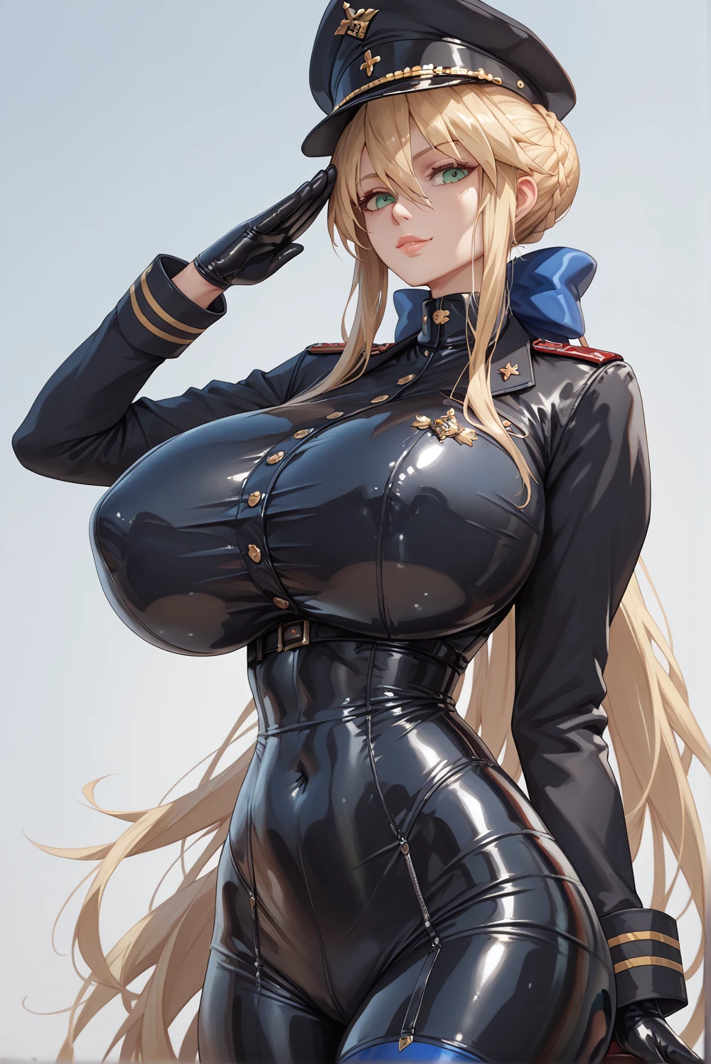 Artoria,(Black latex suits,military uniform,heneley neck,tight-fitting,stocking,latex gloves,)salute,((gigantic huge busty,)),solo girl,