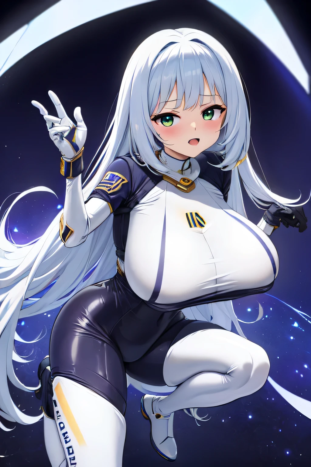 ​masterpiece:1.4,   1 girl  ((20 years old,   Wear a futuristic white and silver costume  ,  perfect fit bodysuit, Boots, Big Breasts, 桃色の髪 :1.3 , Perfect model figure, 詳細な紫色の目:1.4,  sfsf) ((galaxy))