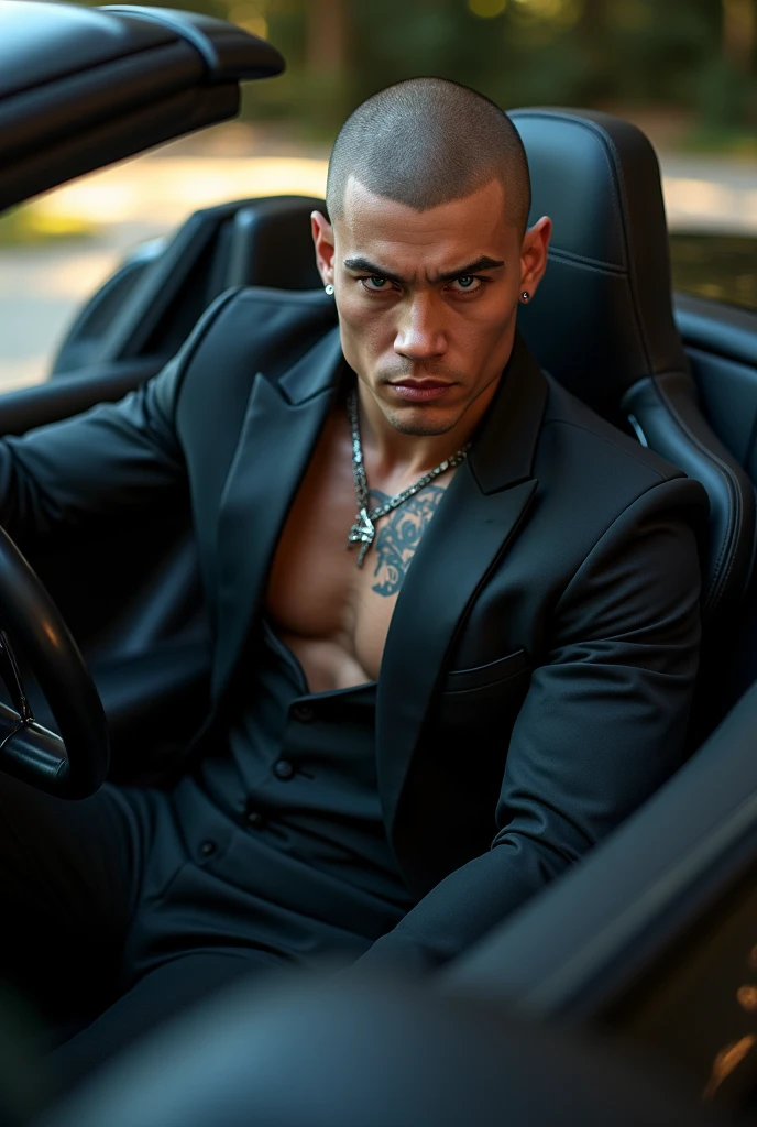 20 years old,One Man,Black Suit,Topless、only have underwear , chest hair、Inside the car、mafia、legs wide open and raised up, leaking he's right ,long blonde hair , middle finger 、The crotch area of the pants is bulging,Bulging muscles,Gay ,Short Hair,Short Hair、Stubble,Turk,Hermes Belt。The zipper of his pants is open , he is flattering and laughing  ,his body is hairy ,rubbing his dick with his right hand 