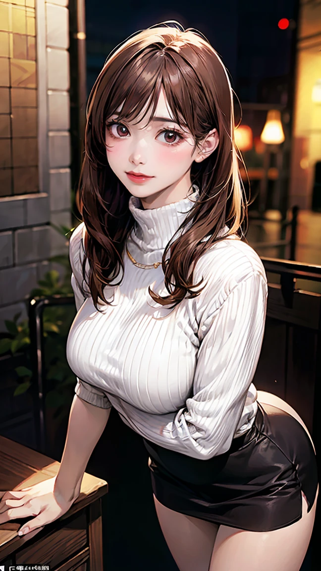 (masterpiece:1.2, Highest quality), (Realistic, photoRealistic:1.4), Beautiful illustrations, (Natural Side Lighting, Cinema Lighting),
View your viewers, 1 Girl, Japanese, 30 years old, Perfect Face, Perfect body, Cute and symmetrical face, Shiny skin, Baby Face,
(Long Hair, Straight hair, Hair Intake, Brown Hair), Swept-apart bangs, Black eyes, Big eyes, (Middle chest, Captivating thighs), Earrings,
Beautiful Hair, Beautiful Face, Beautiful attention to detail, Beautiful clavicle, Beautiful body, Beautiful breasts, Beautiful thighs, Beautiful feet, Beautiful fingers,
((Grey and brown knit dress:1.4), Light brown turtleneck sweater, necklace),
(Beautiful views), night, (bar), walking, (Adorable smile, Upward glance),