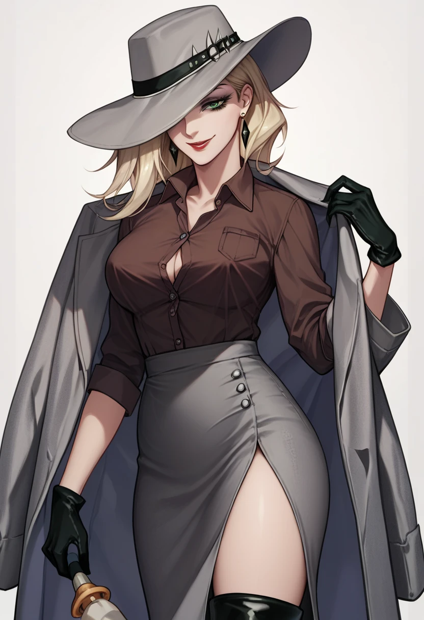  1girl, wallking, brown shirt, collared shirt, grey coat, coat on shoulder, gloves, grey pencil skirt, long skirt, side slit, black thigh boots, thighs, makeup, red lips, hat over one eye, one eye covered, light smile, earrings, green eyes, in downtown,covered eract nipple, ,three unbuttoned shirt, large breast, lingerie 