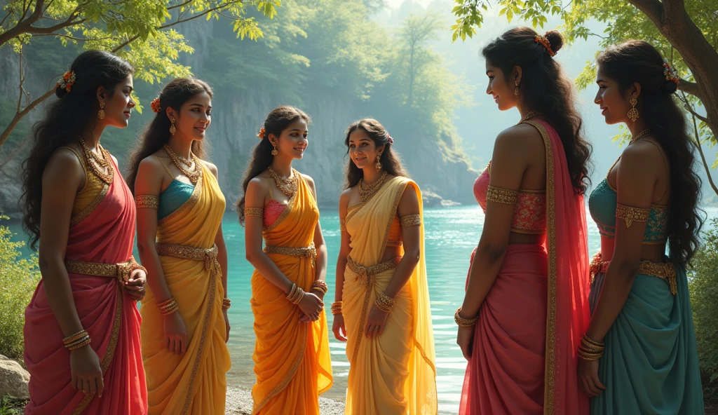 A cinematic-style close up 8k image featuring four distinct divine mythological female beings, each representing different aspects of nature and power. The first divine being is adorned in gold and green, symbolizing wealth and prosperity, with a serene and inviting expression. The second is draped in fiery red and orange, embodying power and ferocity, with a fierce and commanding gaze. The third wears soft pastels, representing love and peace, with a gentle and compassionate smile. The fourth divine being is in dark, mysterious colors, symbolizing protection and the unknown, with a vigilant and intense expression. Each being is surrounded by a glowing aura that matches their colors, set against a backdrop of ancient Indian architecture, sacred trees, and intricate carvings.