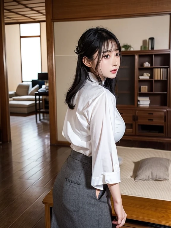  ****ung Japanese woman、 cute、anxiety、 black hair、Hair clip、 has big breasts、 white cutter shirt 、 gray flare skirt 、（A few Japanese middle-aged men)、The living room of an old share house、indoor、whole body、 anatomically correct、 masterpiece、 High Quality、 Very detailed、4K