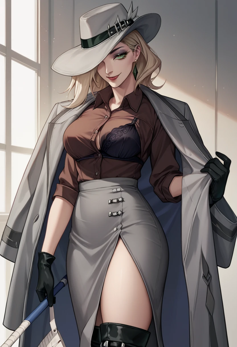  1girl, wallking, brown shirt, collared shirt, grey coat, coat on shoulder, gloves, grey pencil skirt, long skirt, side slit, black thigh boots, thighs, makeup, red lips, hat over one eye, one eye covered, light smile, earrings, green eyes, in downtown,covered eract nipple, ,three unbuttoned shirt, large breast, lingerie black bra inside shirt