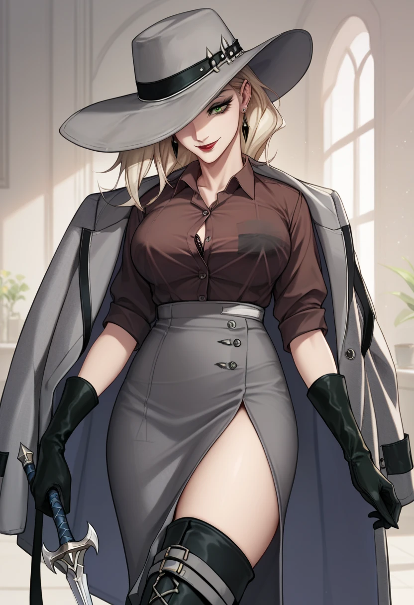  1girl, wallking, brown shirt, collared shirt, grey coat, coat on shoulder, gloves, grey pencil skirt, long skirt, side slit, black thigh boots, thighs, makeup, red lips, hat over one eye, one eye covered, light smile, earrings, green eyes, in downtown,covered eract nipple, ,three unbuttoned shirt, large breast, lingerie black bra inside shirt