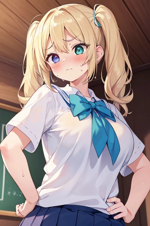 An Asian, yellow hair, turquoise eyes, pretty, sexy, cute, shy, sweat, blue skirt, side ponytail, English teacher, bleu clothes, open your mouth, covered in milk, astounded, masturbation