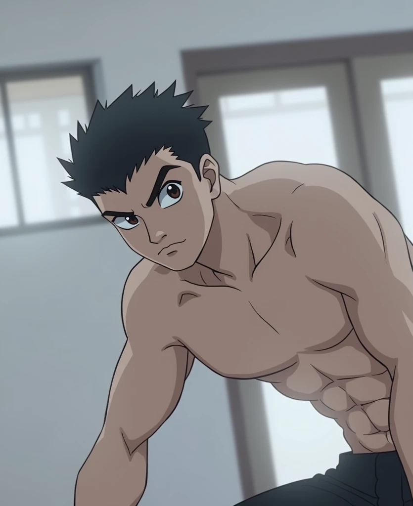 Roy Mustang from Full Metal Alchemist, bodybuilder, shirtless, without shirt, shirtless, seen from above