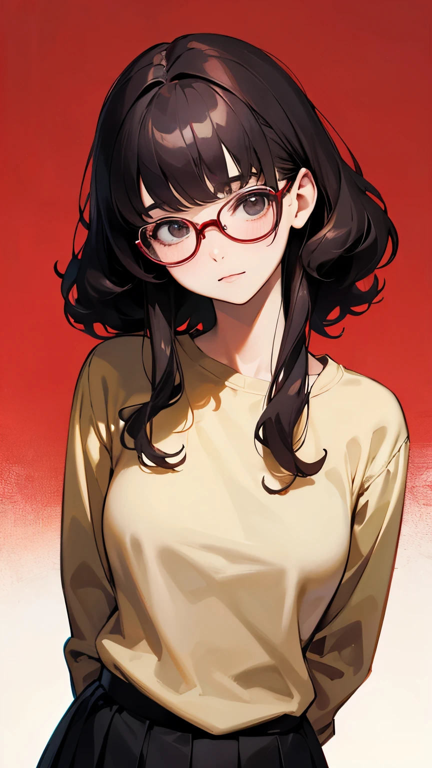 Wearing red narrow-rimmed glasses, beige long-sleeved U-neck long T-shirt, red and black box pleated skirt, arms behind back and upper body leaning forward to approach the viewer, peeking at the viewer, tilting head, cute playful expression, medium wave perm hair, (High Definition), (Masterpiece), (Realistic), (Attention to Detail), (Sharp Focus), (Top Quality), (Detailed Skin), (Exquisite Detail), (8k),