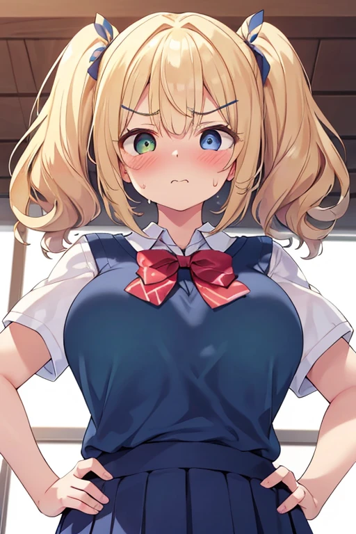 1 Female, Age 20,whole body,Standing,blonde perm hair,Gal,((face)), In the heat, Sulky face, tits, Short Hair, Uniform shirt,High quality anime, Vulgar,(90s Anime), ((Sweat)), Mastepiece, Ultra High Quality, High resolution, 8K, background: Realistic school classroom,Window,sunlight,((Fisheye Lens)),backgroundボケ,(Low - Angle),