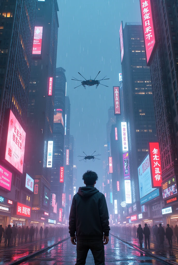 A man is standing quietly alone in the middle of a city of colored ...
