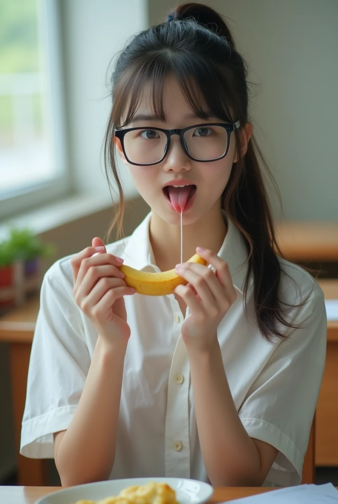 (detailed round brown frame glasses, glasses beauty, perfect brown eyes looking at viewer:1.5) (8k, RAW photo, best quality, masterpiece, extremely detailed, absurdres:1.2) (realistic, photo-realistic:1.4) sharp focus, (blurred background:1.2) bokeh (close up:1.4) cinematic, leaning forward
BREAK
1 extremely cute Japanese idol, 20 years old, detailed extremely pale skin, cute smile, perfect anatomy (chubby:1.6)(big breasts:1.3) open mouth, tongue (white shirt formal, long sleeves, oversized shirt:1.2) (eating peeled banana:1.4) detailed hands, detailed fingers, fingertips, pink manicure, indoors, living room