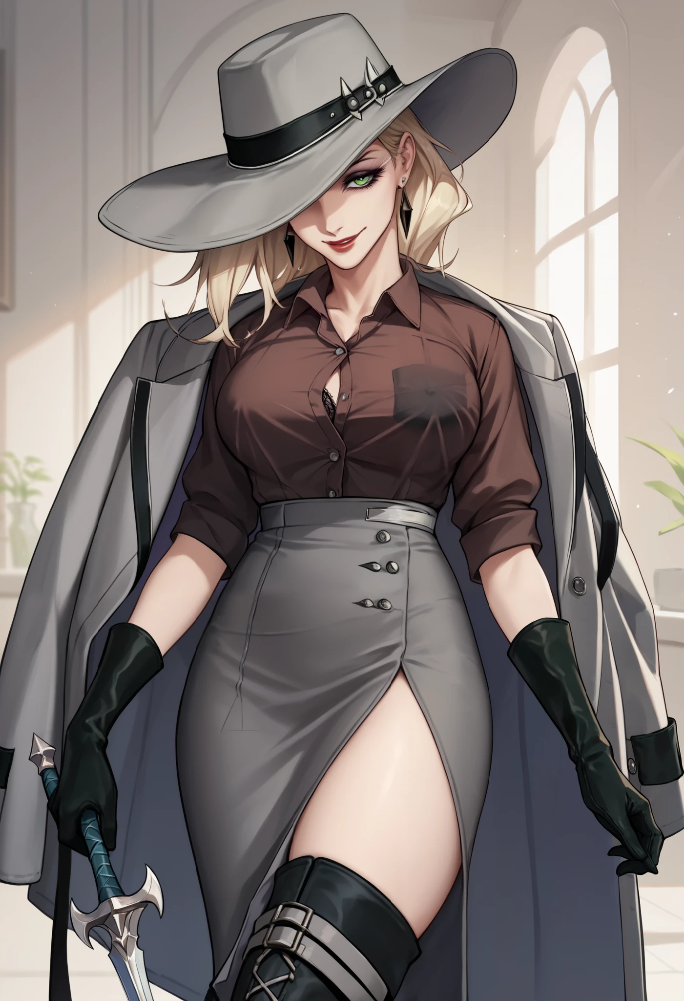  1girl, wallking, brown shirt, collared shirt, grey coat, coat on shoulder, gloves, grey pencil skirt, long skirt, side slit, black thigh boots, thighs, makeup, red lips, hat over one eye, one eye covered, light smile, earrings, green eyes, in downtown,covered eract nipple, ,three unbuttoned shirt, large breast, lingerie black bra inside shirt