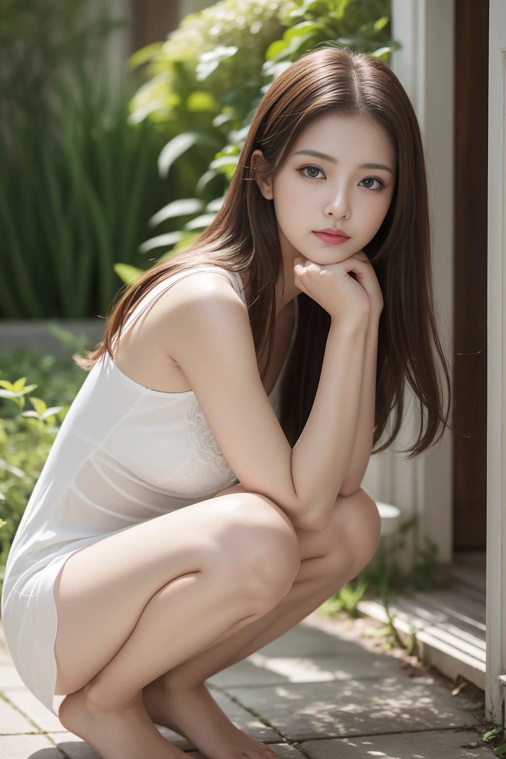 The ultra-detailliert, hight resolution, (realisitic, Photorealsitic:1.4), 8K, Raw photo, (masterpiece), (Top image quality), Physical Rendering,(Beautiful Realistic Asians:1.4), college girls, long brown hair, A Japanese Lady, the beach,(perfect anatomia、Beautiful limbs、Beautiful skin、Healthy body), Stockings, Unbuttoned_white shirt,natural beauty、Photographed by a professional photographer、Maximizing female beauty、sparkle in eyes、Delicate hair、beautiful and shiny skin、Exposed skin is irritating、I'm awesome、