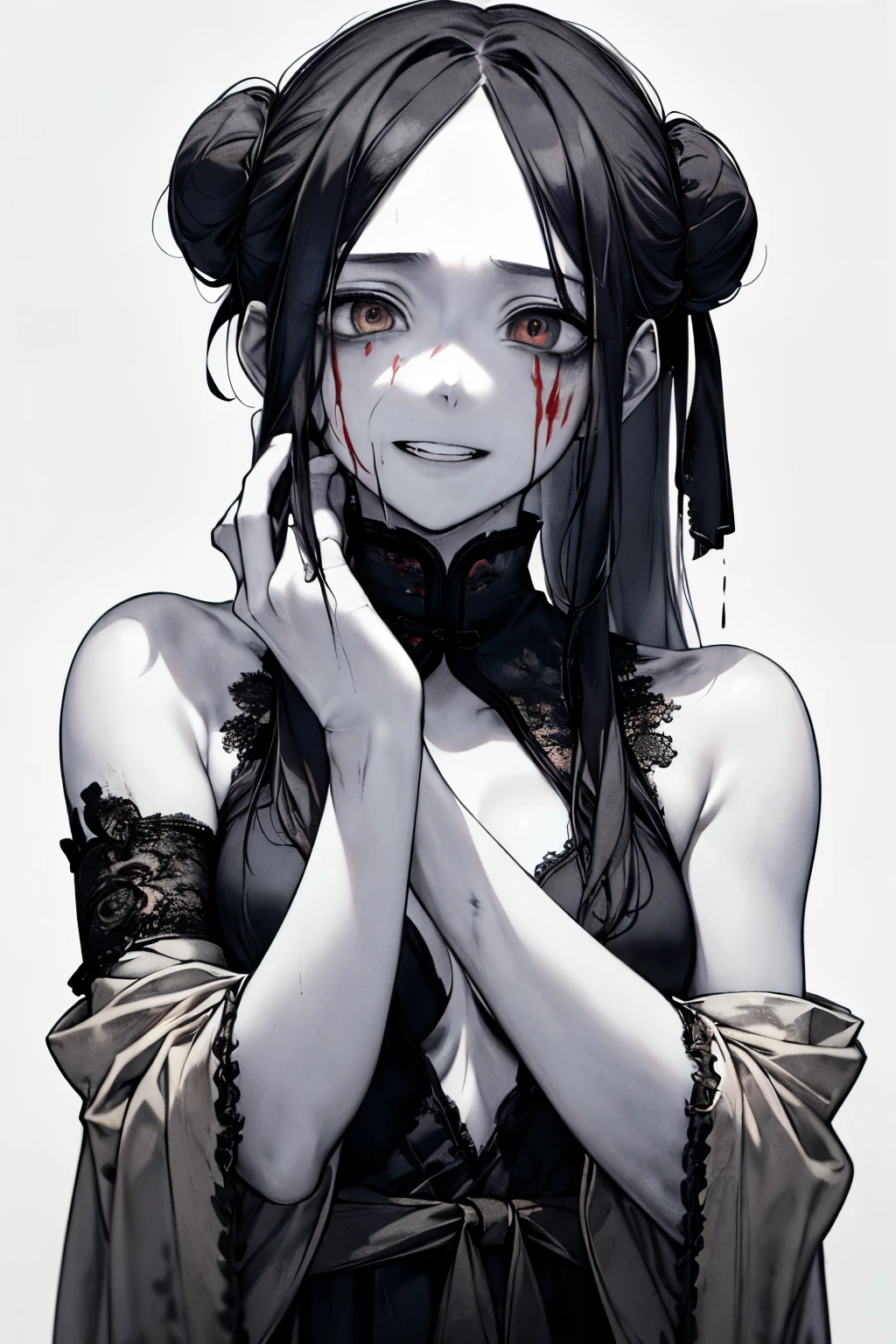 (masterpiece: 1. 2, Highest quality), (Actual photo, Intricate details), (1 female, Upper Body, With eyes wide open, Scary atmosphere, Distorted facial expressions, 邪悪なsmile, Bleeding from the eyes, Blood splatter, whole body, China dress, Twin-tailed bun、Black Hair, (Dark circles under the eyes), pale, Ill, Sickly, 邪悪なsmile, Crazy Eyes, ( smile), Dramatic makeup, Mixed Media Art, White Background