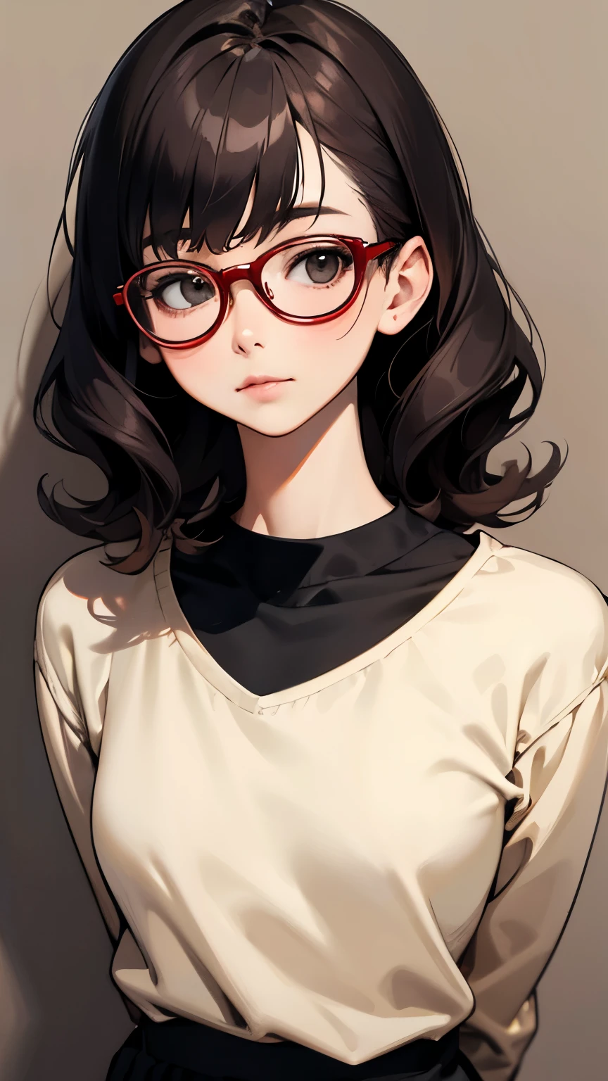 Wearing red narrow-rimmed glasses, beige cut-and-sew top, round neck, long sleeve U-neck, long T-shirt, plain stretch, box pleated skirt with red and black design, arms behind back and upper body leaning forward to approach the viewer, peeking at the viewer, tilting head, cute playful expression, medium wave perm hair, (High Definition), (Masterpiece), (Realistic), (Attention to Detail), (Sharp Focus), (Highest Quality), (Detailed Skin), (Exquisite Detail), (8k),