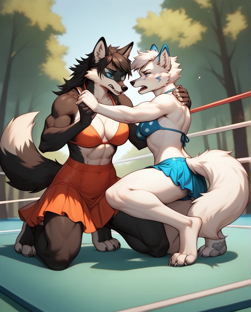 2 females, The wolf and the fox, furry, beastman, Animal hair, tail, first round, topless, jeans, long pants, gloves, boots, boxing, ring, game, fist fight
