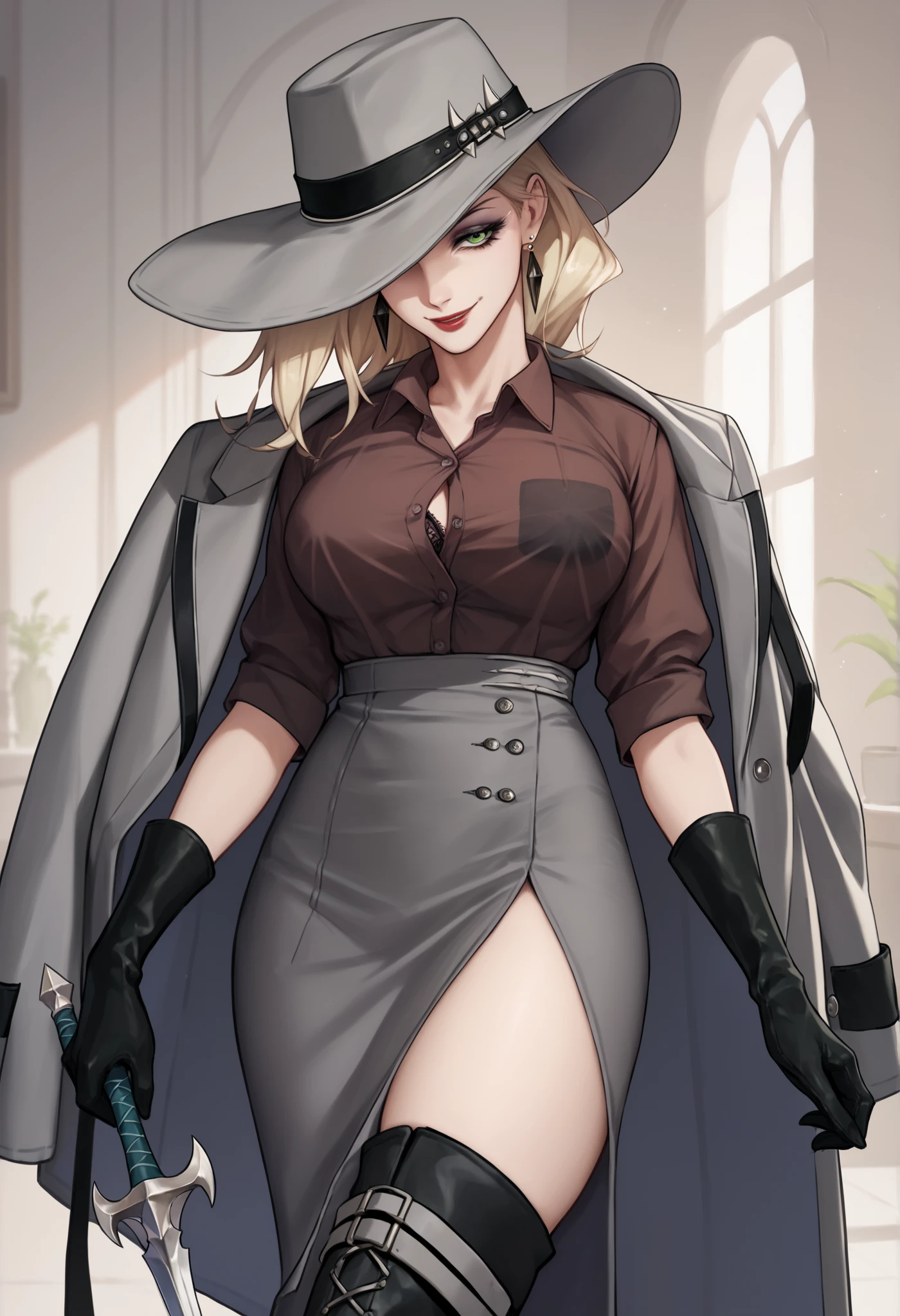  1girl, wallking, brown shirt, collared shirt, grey coat, coat on shoulder, gloves, grey pencil skirt, long skirt, side slit, black thigh boots, thighs, makeup, red lips, hat over one eye, one eye covered, light smile, earrings, green eyes, in downtown,covered eract nipple, ,three unbuttoned shirt, large breast, lingerie black bra inside shirt