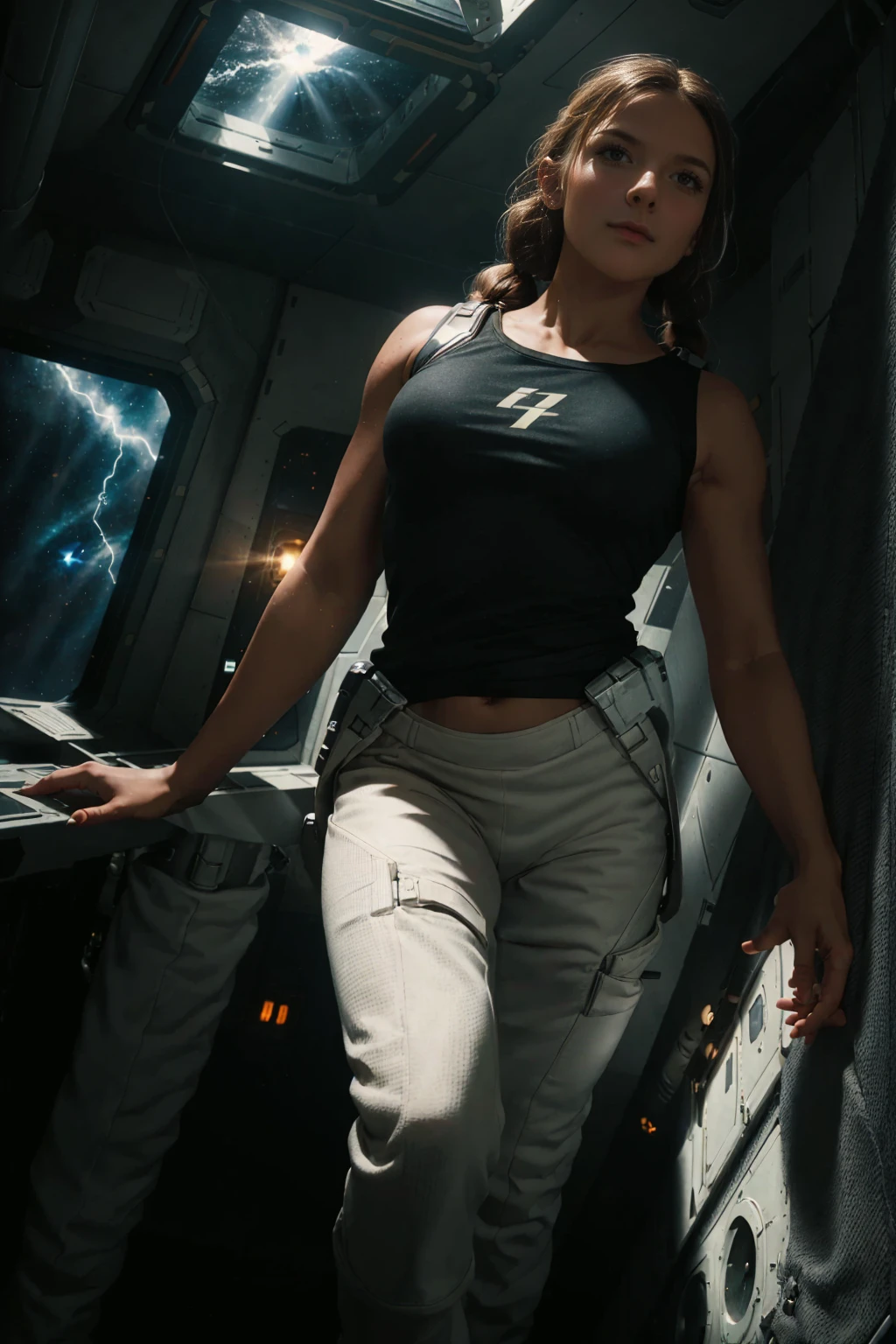 (8k, RAW photo, best quality, masterpiece), (photorealistic), outstanding details, ultra-high resolution, anatomically correct, textured skin, (Extremely precise and accurate anatomy),
Ultra Detailed Face, Detailed Eyes, 

(whole body), (full body), (Wide-angle lens effect:1.2),
a beautiful female space pilot,  Cute Japanese girl , 20-year-old, (light smile),  (Mouth slightly open) , 
Black tank top, blue leggings, barefoot, Side braids, Brown Hair, cinematic lighting in the hair, hair light, wind in the hair,
the girl is floating around in zero gravity in a cabin of a futuristic spaceship, 
no gravity, weightless, flying around, Free to move up and down, 
A vast cylindrical cabin, a white minimalist cabin, light in the spaceship, lots of displayers and instruments are the main source for the light in the scene, displayers in orange and blue light, 
through a window in the spaceship we can see the black hole from the movie Interstellar, or a spiral galaxy, 
a glowing orange light from the planet outside the space ship is dominating the scene, 

morning sun, (backlighting), (face lightning from below:1.4),   
atmospheric perspective, depth of field, 
dramatic lighting, cinematic lighting, 
Artistic, Baroque, Cinematography,