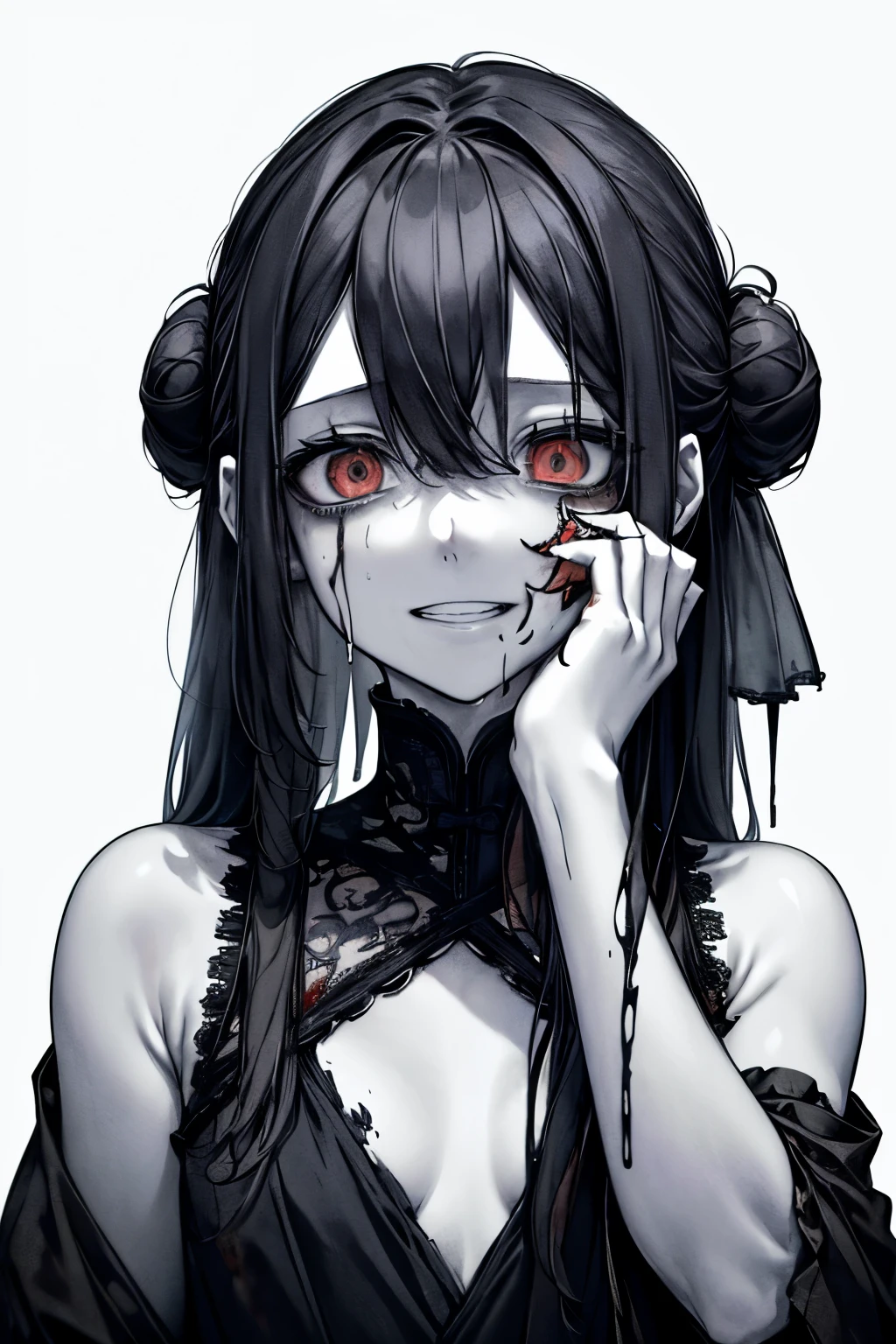 A horrifying, patchwork woman, made of various human body parts, with visible stitches and a menacing expression, in a dimly lit, creepy setting