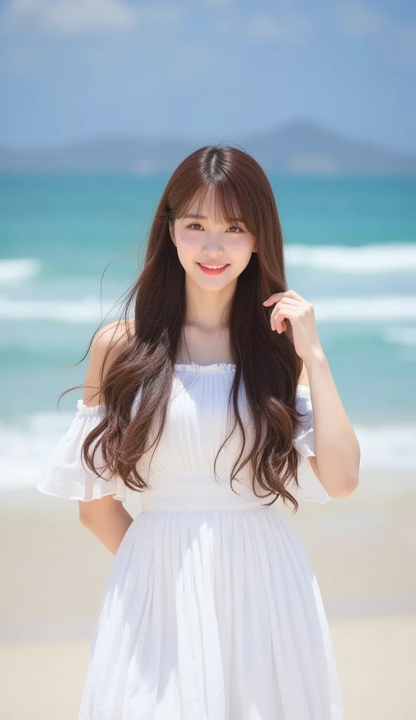 arafed woman in a white dress standing on a beach, beautiful Korean women, bae suzy, Gorgeous young Korean woman, Asian girl with long hair, Beautiful young Korean woman, jaeyeon nam, Brown hair long, With long hair, Korean girl, ulzzangs, Long brown wavy hair, waist long hair, appealing long hair, long hair girl