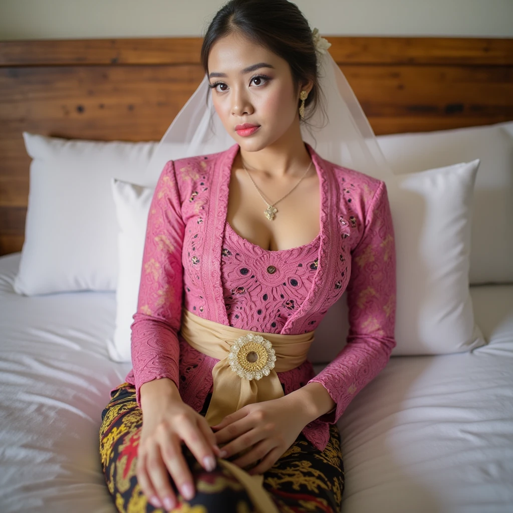 legs in foreground, Indonesian woman wearing a vibrant pink kebaya with a white hijab and batik skirt is lying back down IN A BED, opened legs, low angle, 