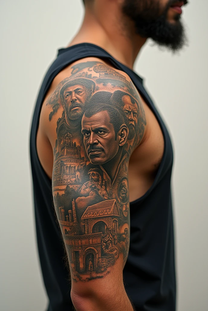 Tattoo of a scale with a poor man on one side and a rich man on the other side