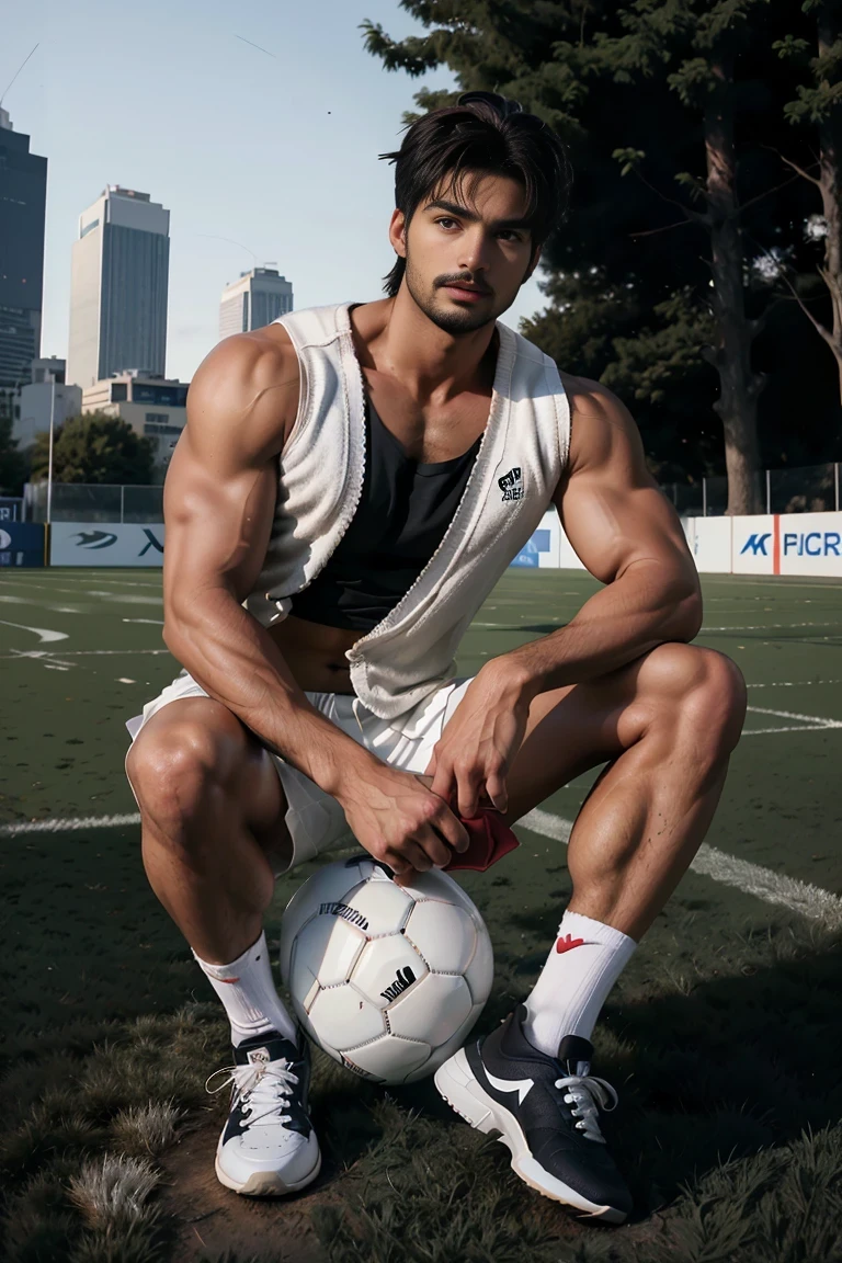 Shirtless Thai soccer player wearing blue soccer shorts with flames and knee high soccer socks squatting 