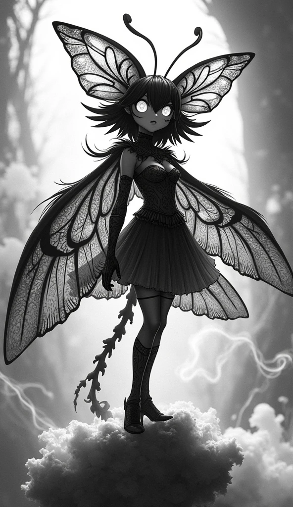 Monochrome manga art style, original character design of a Red Bella Moth, delicate wing patterns reflecting intricate lace-like details, large expressive eyes conveying a sense of wonder, elegant antennae sweeping gracefully, body adorned with elaborate markings, positioned in a dynamic pose that showcases feathery wings in mid-flutter, empowering anime aesthetics intermingling with Hazbin Hotel's rich character lore, striking contrast between light and shadow enhancing texture, wisps of ethereal smoke surrounding the figure, setting placed within a stylized version of the Hazbin Hotel, high dramatic angles enhancing visual impact, elaborate linework capturing the ethereal beauty and mystical aura of moths, thoughtfully arranged composition balancing the character's grace with the intense energy of its surroundings, mood oscillating between enchanting and haunting, enhancing narrative depth, monochrome palette amplifying emotional intensity, creating a modern interpretation of classic manga motifs, emphasizing bold outlines and intricate hatching techniques, evoking the essence of Japanese tokusatsu within the urban fantasy realm.