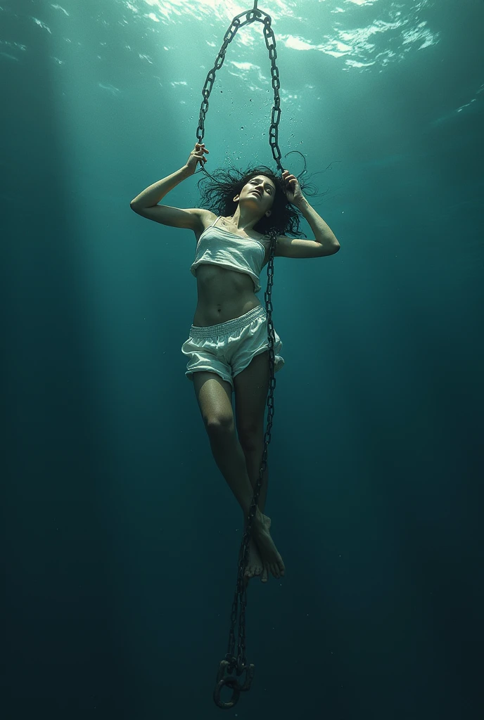 RUSTY CHAINS, (lens flare, bokeh, Wide-Angle, Ultra-Wide Angle, from below, from side, wide shot, isometric, afterimage, partially underwater shot), (from below:1.5), ((Detailed eyes)), [woman in chain:1.3], [chains at the ankles], [chains at the ankles], [chains at the ankles], [the chains on the wrists], [the chains on the wrists], [the chains on the wrists], bare feet, full body chain, dirty woman chained to a chair in a cage, white torn stockings, broken glasses, woman in chain in a cage, iron bars, desperate expression, worried alice in wonderland in chain in a cage, concerned about future, brunette, realistic hands