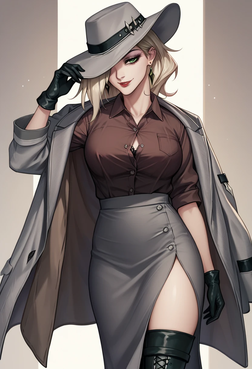  1girl, wallking, brown shirt, collared shirt, grey coat, coat on shoulder, gloves, grey pencil skirt, long skirt, side slit, black thigh boots, thighs, makeup, red lips, hat over one eye, one eye covered, light smile, earrings, green eyes, in downtown,covered eract nipple, ,three unbuttoned shirt, large breast, showing her lingerie black bra