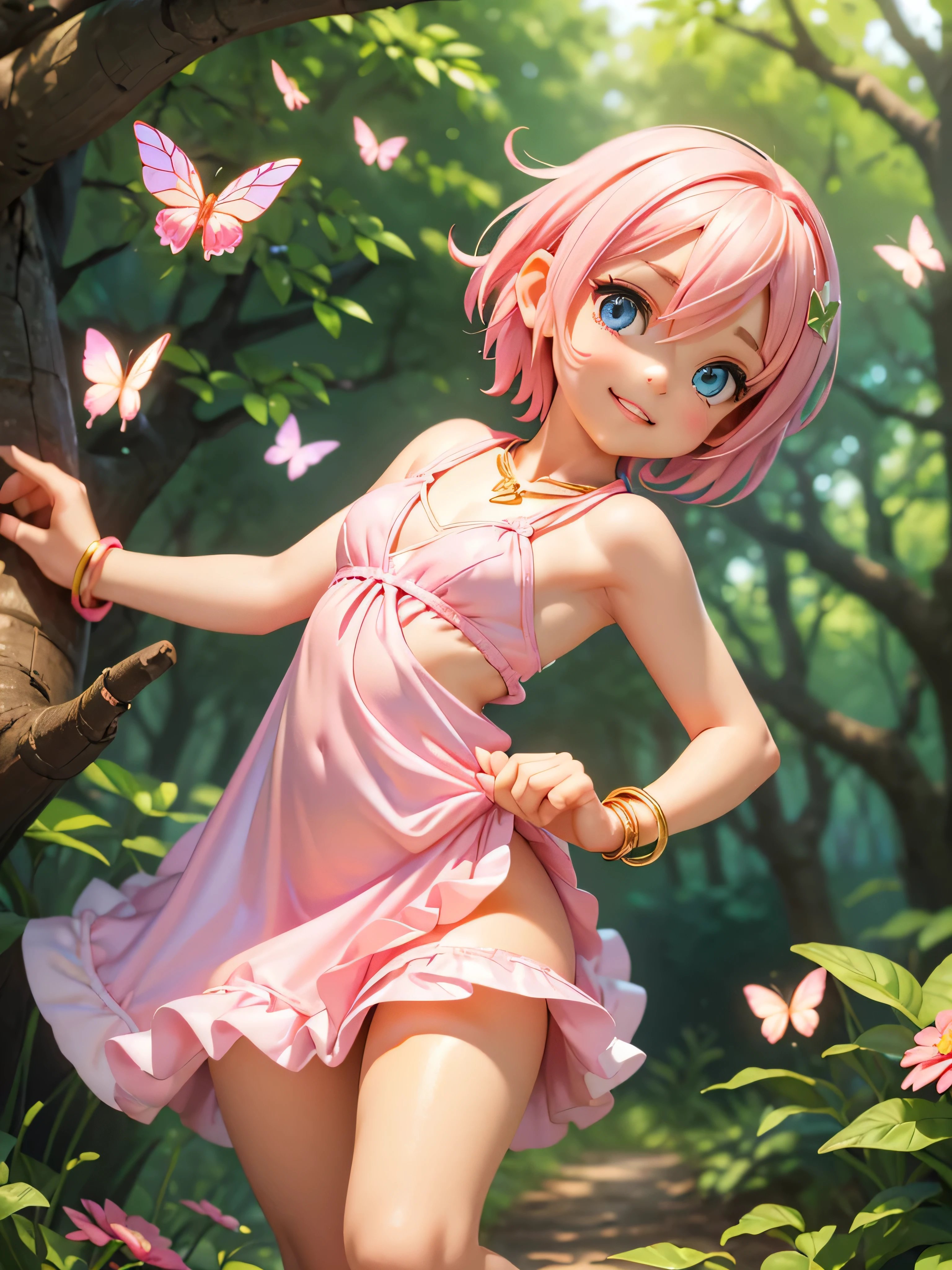 thick lips, ((((very cute and tiny body)))), ((small breast)), necklace, bracelets, lean forward, (((pink short hair))), cute smile, teeth, light blue eyes, in love, ((golden dress)), from side, in forest, ((dancing)), butterflies, flowers, ((sliding over branche)), cutout panty,